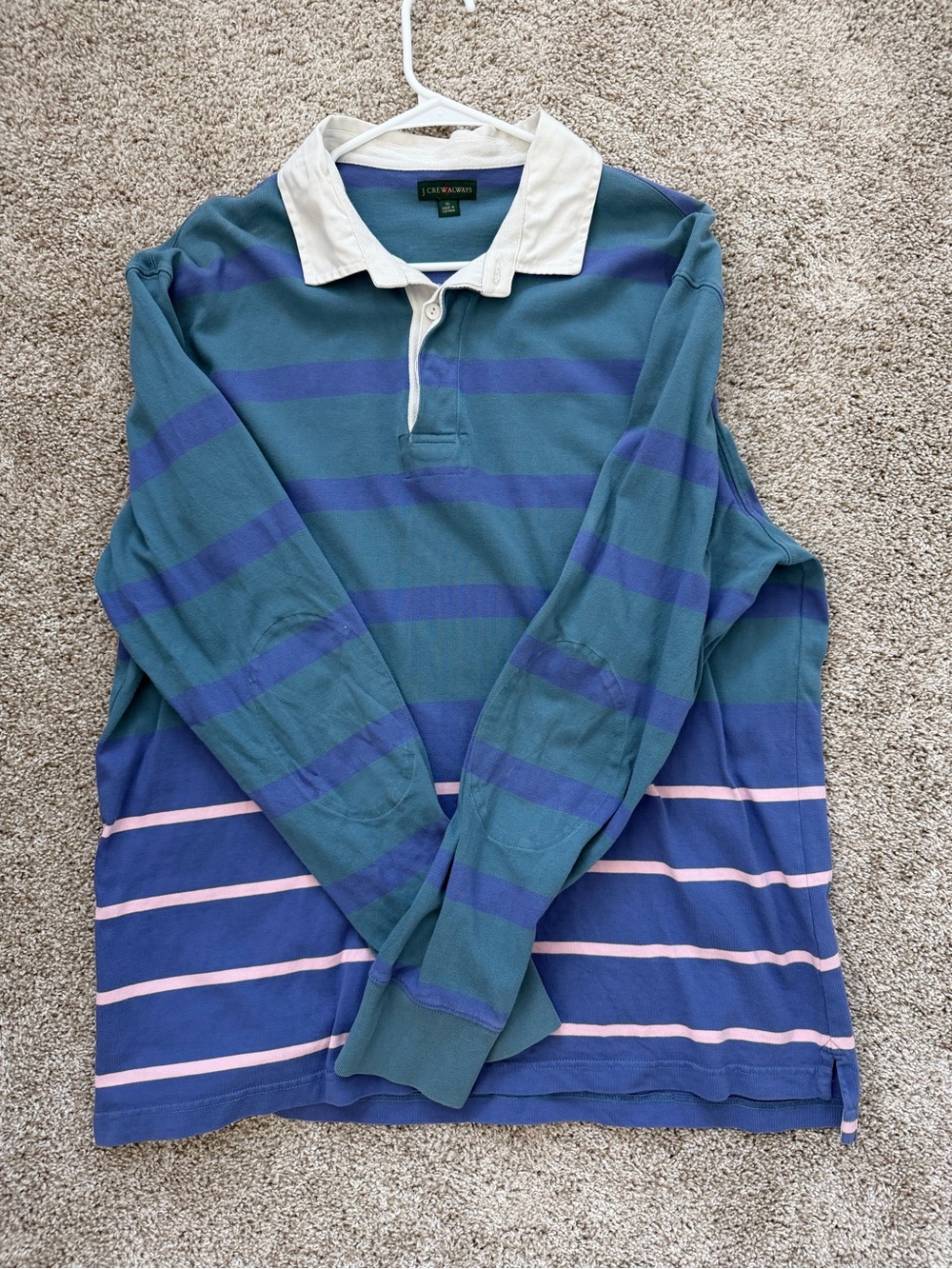 J-Crew Always Vintage-Inspired Green & Blue Stripe Rugby Shirt with White Collar